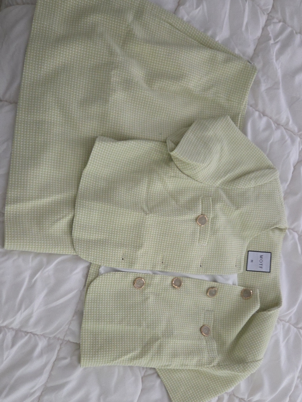 MOTF Light Green Tweed Two-Piece Skirt Set with Gold Buttons